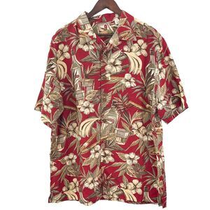 Caribbean Linen Short Sleeve Hawaiian Shirt Men Size L Red Beige Tropical Button
